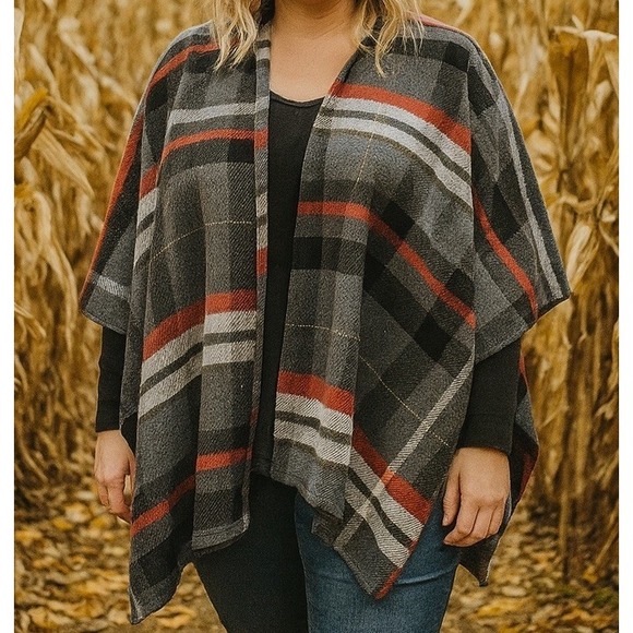 Ann Taylor LOFT Women's Size s M Navy Blue Red Plaid Poncho Sweater Wrap - Picture 1 of 10